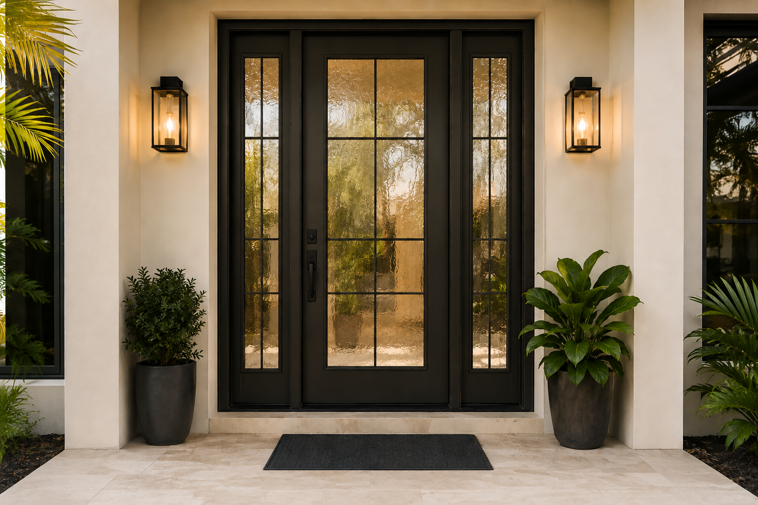 Modern black framed double entry doors with glass panels and exterior lanterns